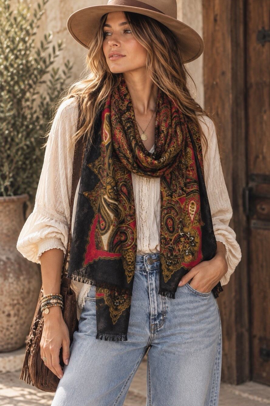 Lucky Brand 100% Wool Paisley Scarf Black Red Gold Boho Western Y2K Wrap